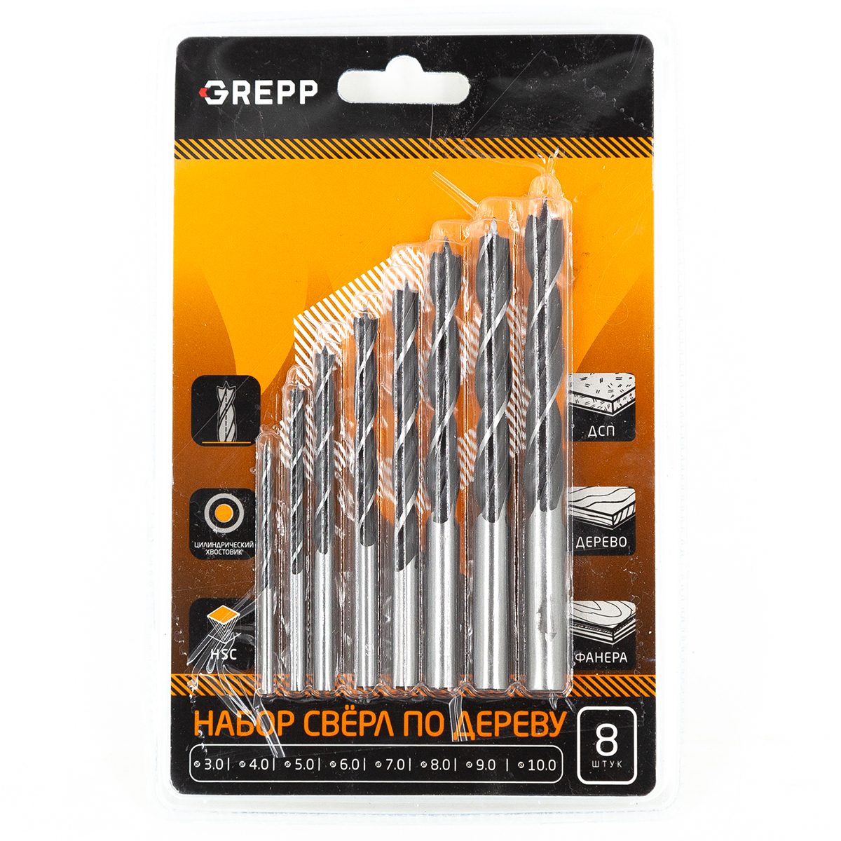 GREPP Набор сверел по дереву 8пр(3-4-5-6-7-8-9-10mm),блисстер,арт 302-00003