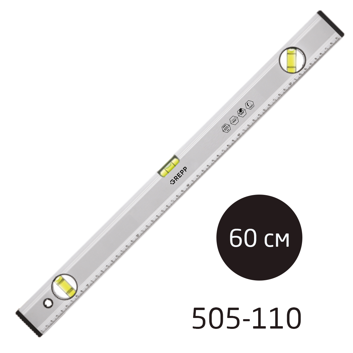 GREPP Уровень алюминиевый, магнитный, 60 см, 3 глазка, 505-110/60
