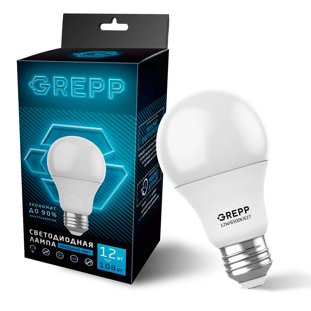 GREPP Лампочка светодиодная, 12 Вт/6500K/E27 165-002/100
