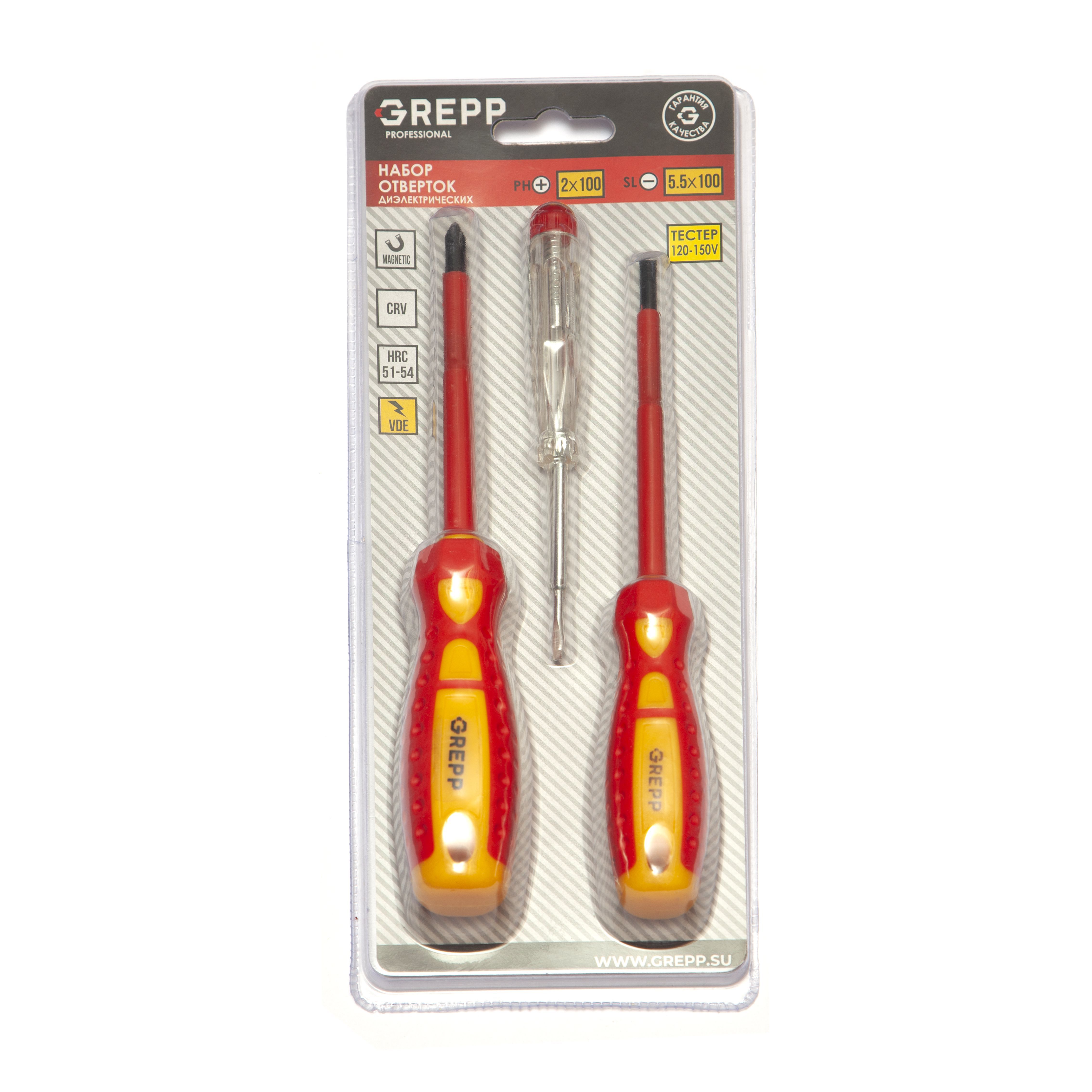 GREPP Набор отверток 3шт диэлектрических(PH0*100;SL5,5*100,тестер120-150V)CrV 202-034/20