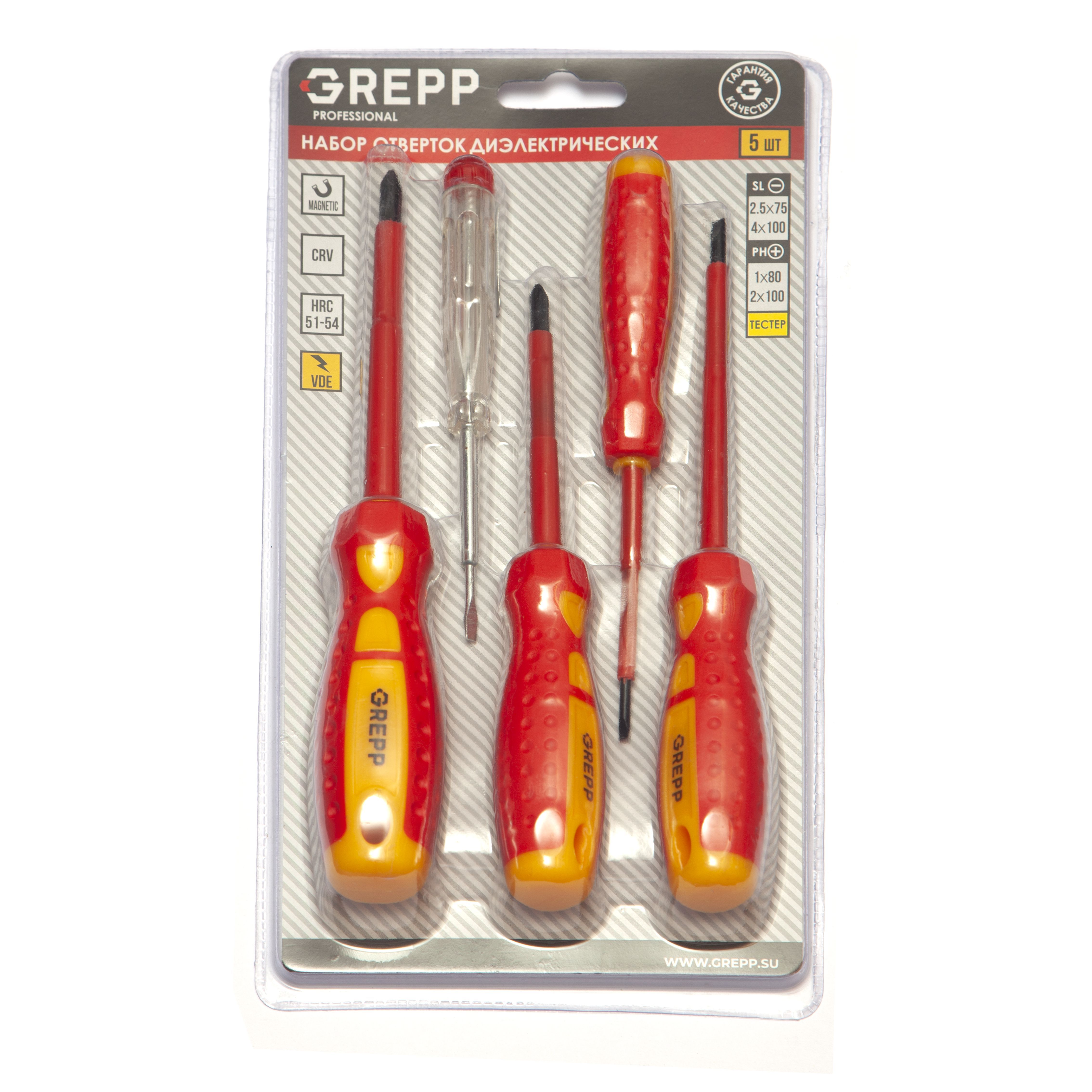 GREPP Набор отверток 5шт диэлектрических(PH0*80/100;SL2,5*75,SL4*100,тестер)CrV 202-035/20