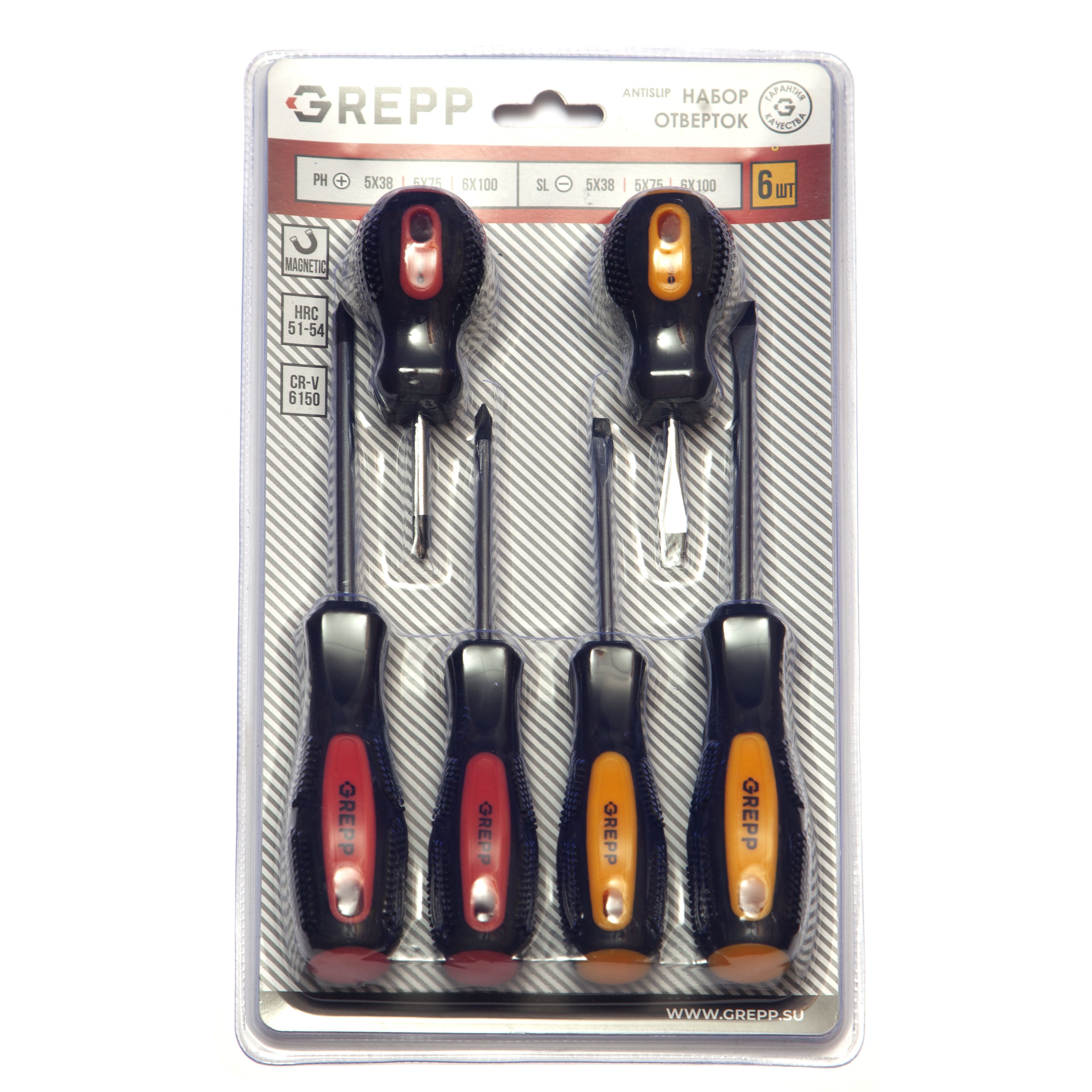 GREPP Набор отверток 6шт (PH0*38/75;PH1*100; SL5*38/75;SL6*100 ), CrV,2х комп.ручк 202-023/24