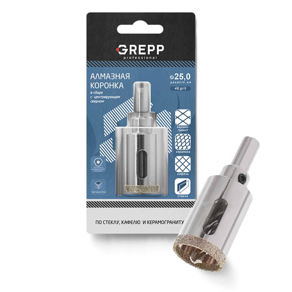 GREPP Коронка алмазная для стекла в сборе с центрирующим сверлом,25mm арт 403-0025