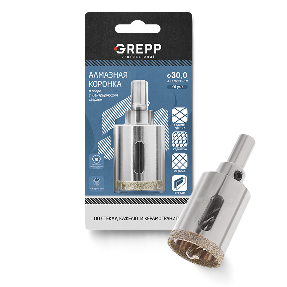 GREPP Коронка алмазная для стекла в сборе с центрирующим сверлом,30mm арт 403-0030