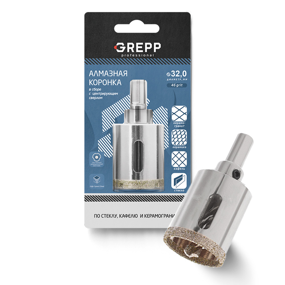 GREPP Коронка алмазная для стекла в сборе с центрирующим сверлом,32mm арт 403-0032