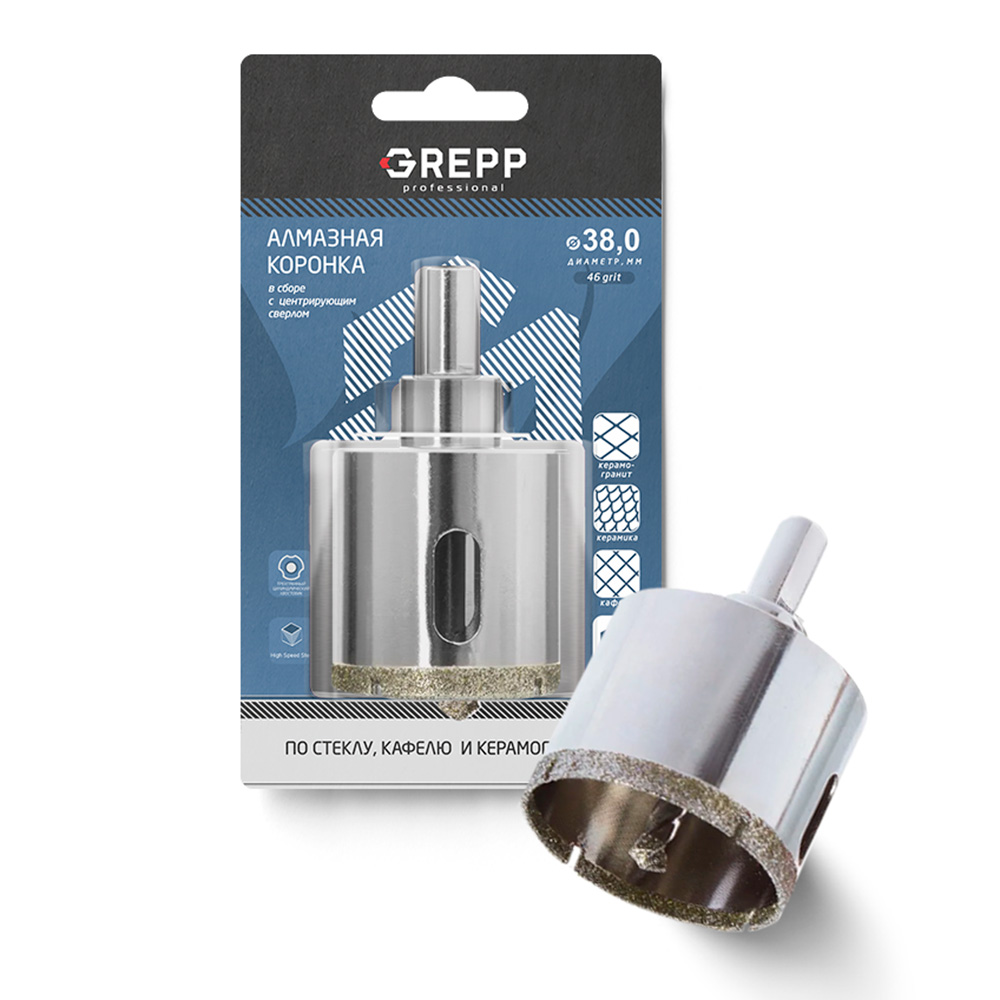 GREPP Коронка алмазная для стекла в сборе с центрирующим сверлом,38mm арт 403-0038