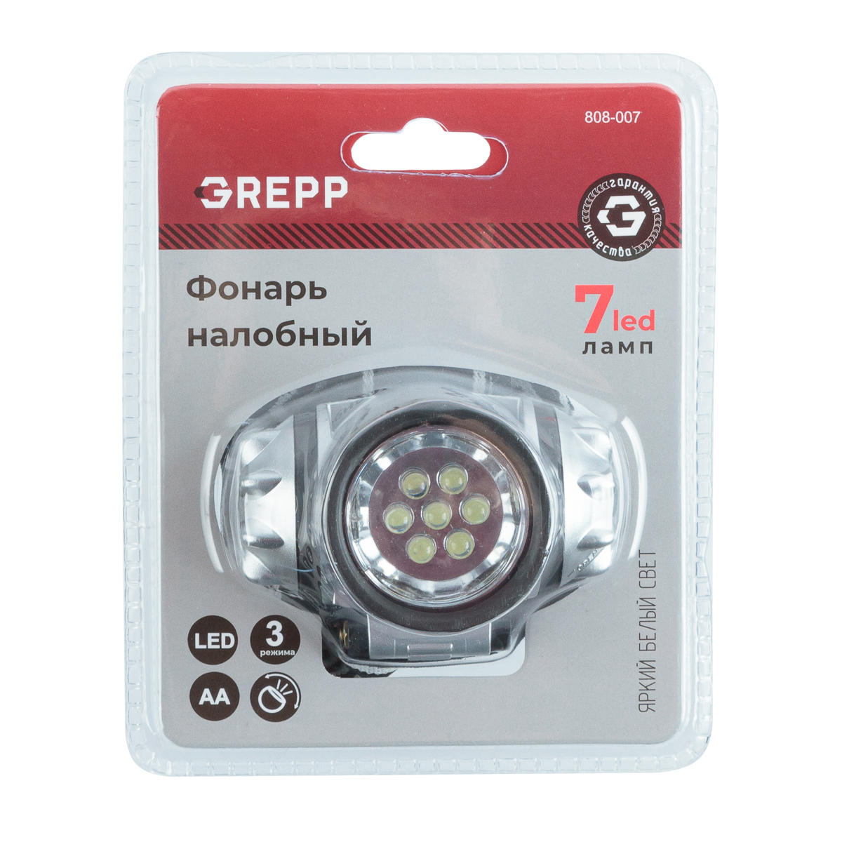 GREPP Налобный светодиодный фонарь 7LED, 3х1,5 v &quot;AA&quot;, пластик 808-007/120/60