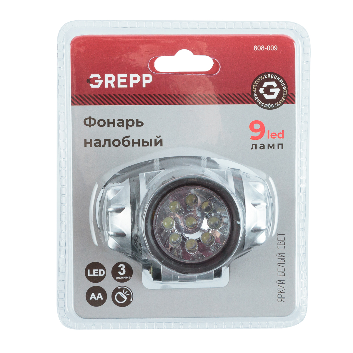 GREPP Налобный светодиодный фонарь 9LED, 3х1,5 v &quot;AA&quot;, пластик 808-009/120/60