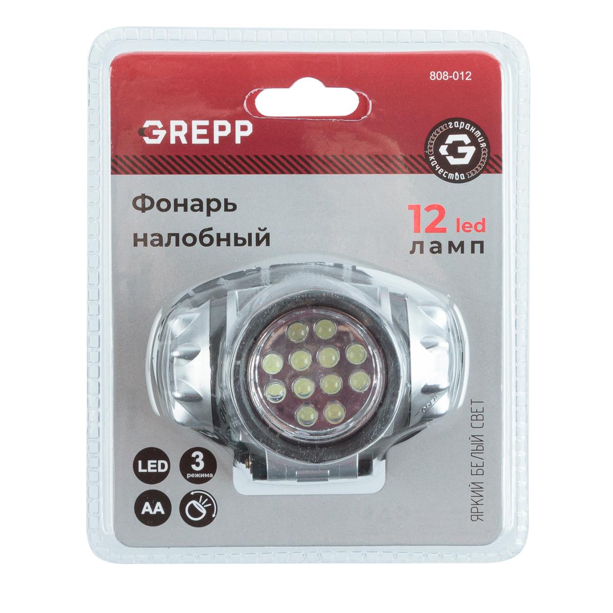GREPP Налобный светодиодный фонарь 12LED, 3х1,5 v &quot;AA&quot;, пластик 808-012/120/60