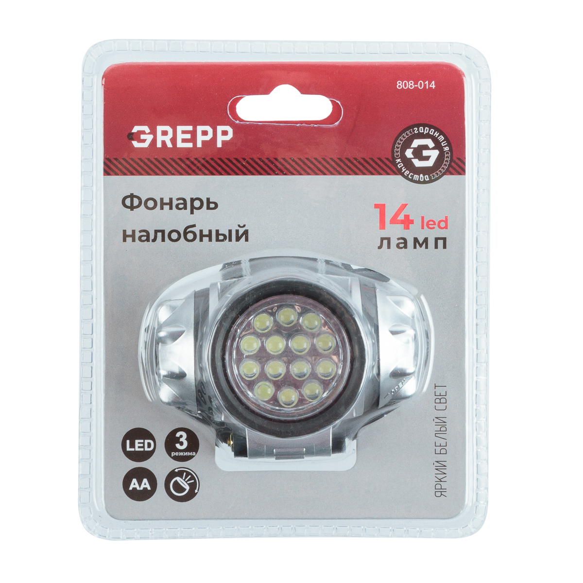 GREPP Налобный светодиодный фонарь 14LED, 3х1,5 v &quot;AA&quot;, пластик 808-014/120/60