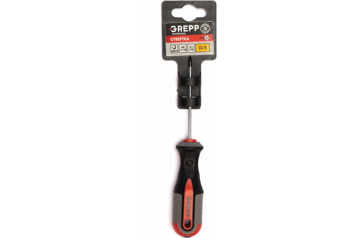 GREPP Отвертка крестовая PH0*75мм, CrV,3х комп.рукоятка 201-013/240/12