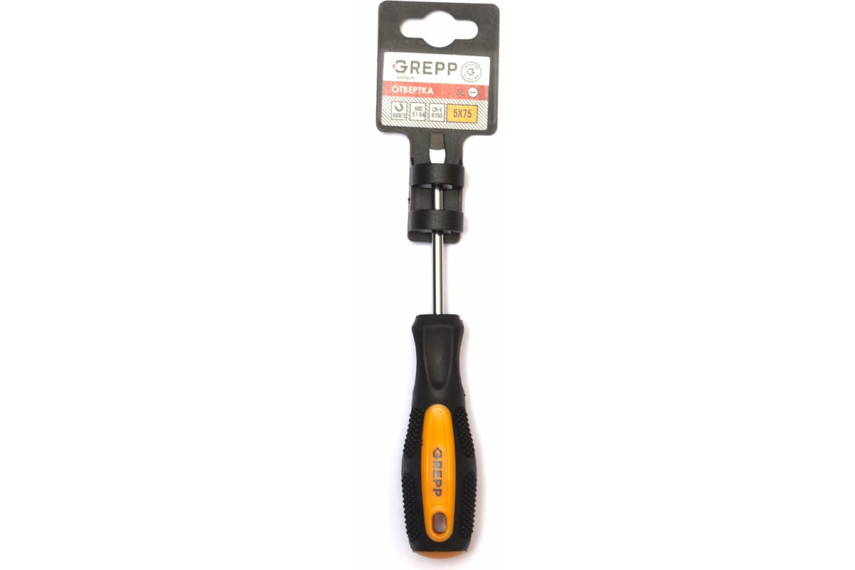 GREPP Отвертка шлицевая SL5*75мм, CrV,2х комп.рукоятка 202-005/240/12